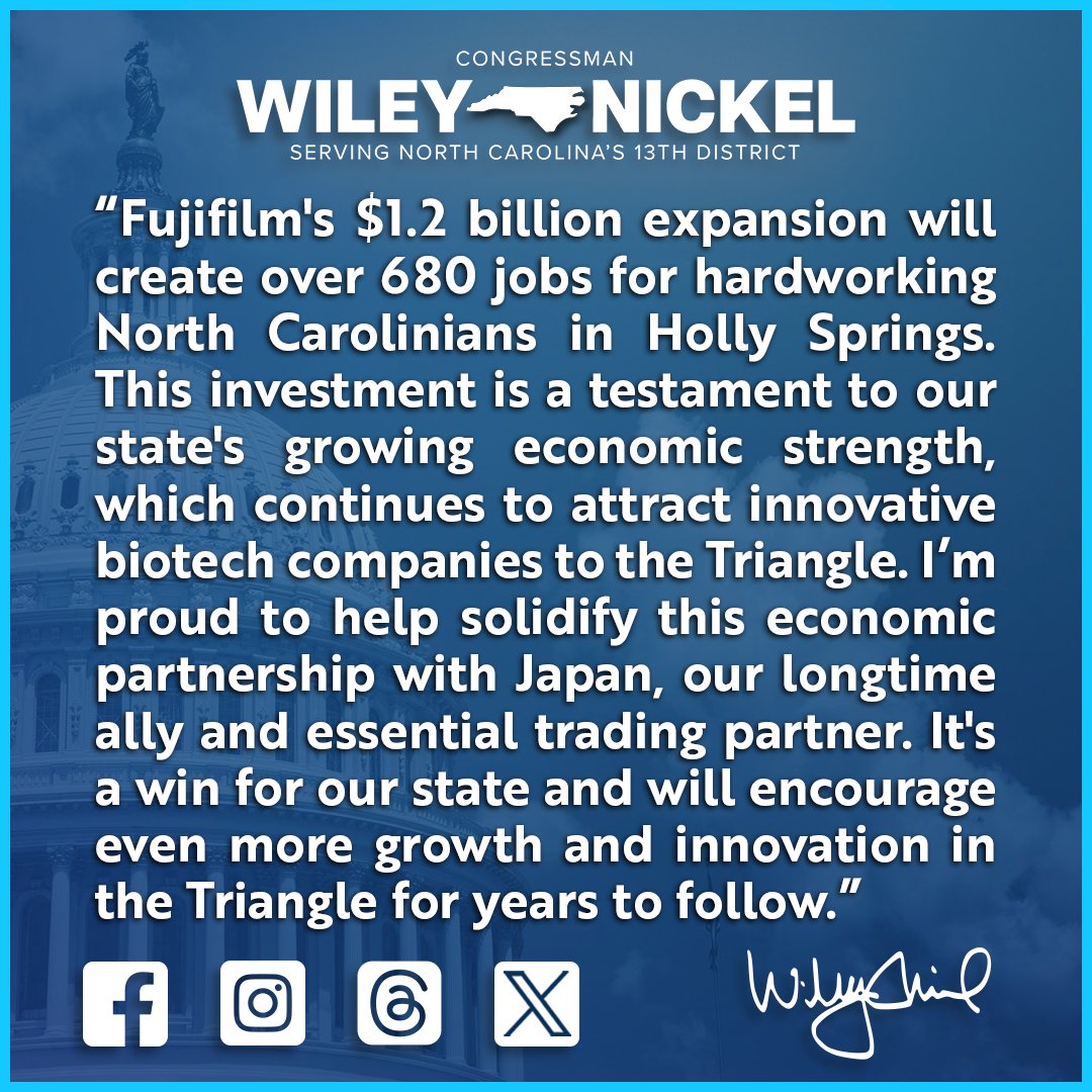My statement on the $1.2 billion investment by @FujifilmDiosyn for their Holly Springs facility.⬇️