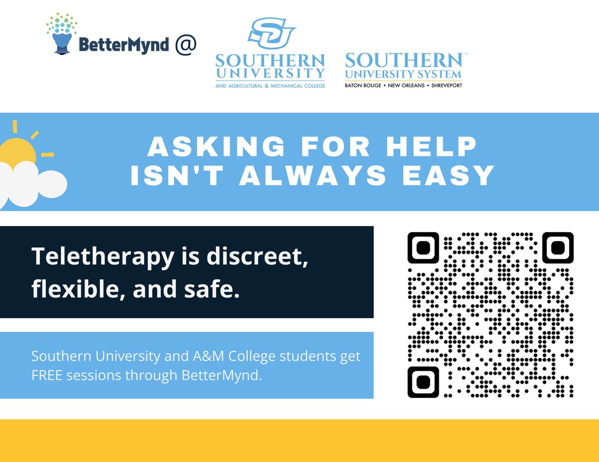 Hey, Jags. We have partnered with @BetterMynd to offer students and employees more 24/7 #MentalHealth support. Check your SU emails for more info. Let's take good care of ourselves and each other. #WeAreSouthern #HBCU