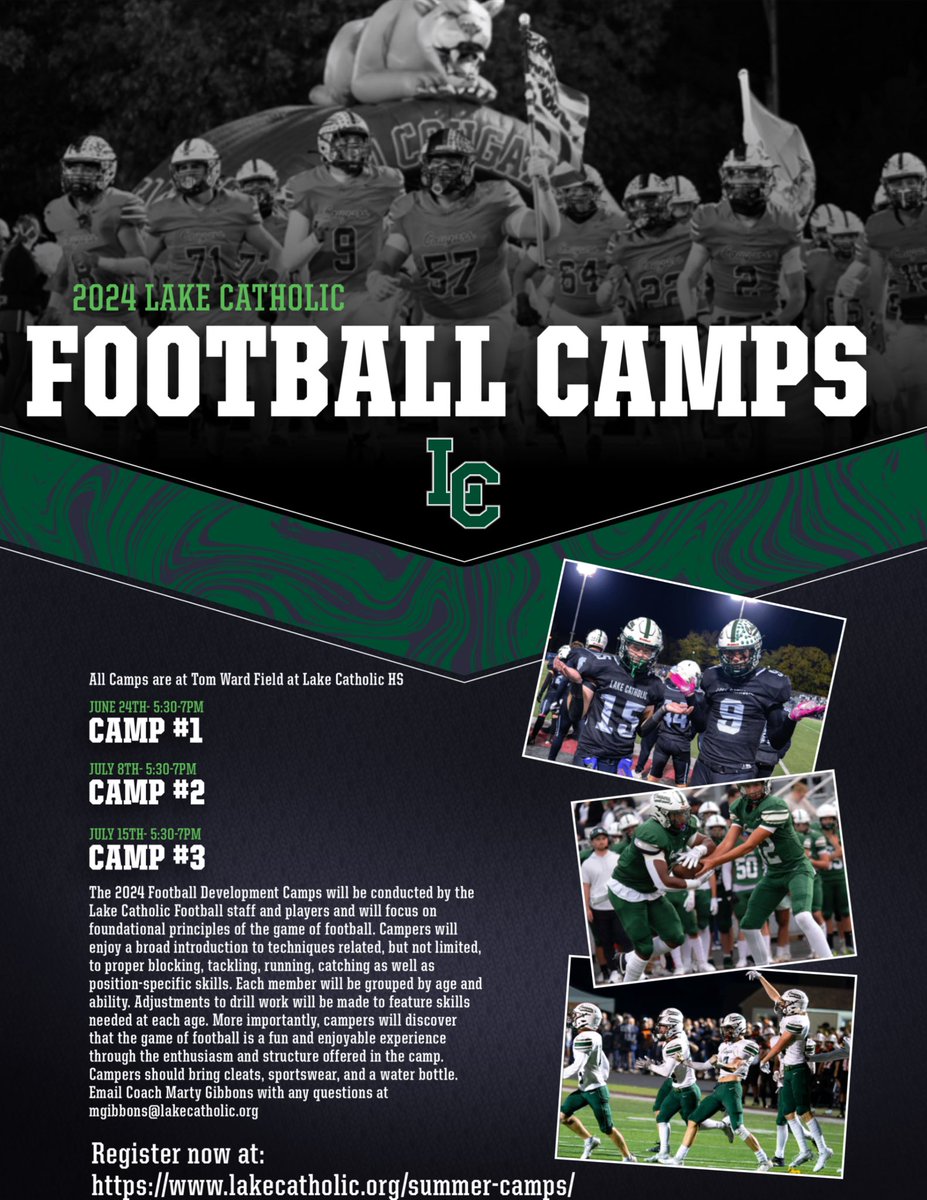 Join our Football Development Camp! Perfect for 1st-8th graders, sessions on June 24, July 8, and July 15, 5:30-7:00 PM. $25 per session or $50 for all three. Learn from Lake Catholic Football staff and players. Bring cleats, sportswear, and water‼️