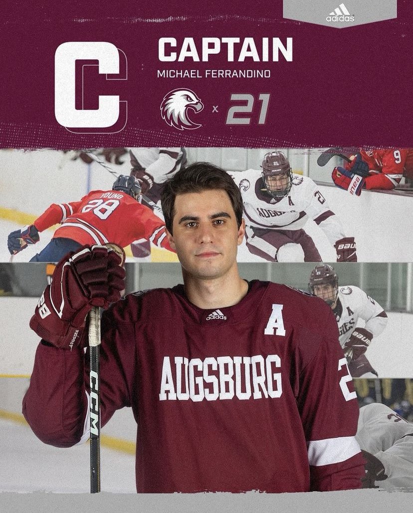 Team Captain, Senior Defenseman Michael Ferrandino from Lisle, IL! Ferrandino completes our 24-25 leadership group wearing the “C” with Hanson and Schneider both supporting “A’s”! #AuggiePride #d3hky