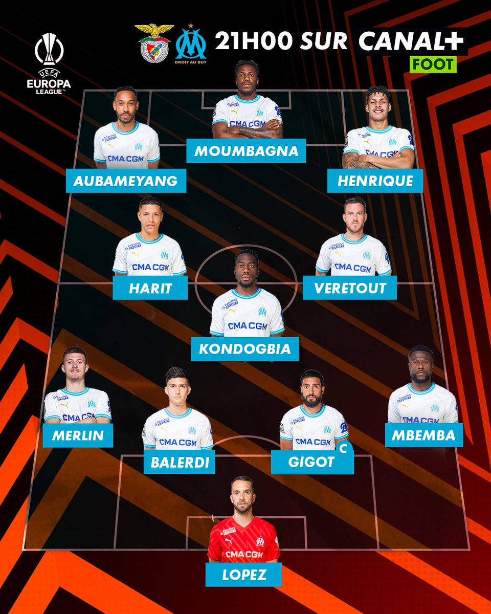 🚨 La composition de l'OM face au Benfica est tombée ⬇️ Moumbagna et Henrique sont titulaires avec Aubameyang en attaque, Mbemba démarre latéral droit 🔵⚪️ #SLBOM | #UEL