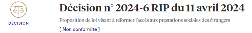 Par une décision du 11/04/24, le Conseil constitutionnel a enterré la proposition de référendum d’initiative parlementaire (RIP) des parlementaires LR visant à réformer l’accès aux prestations sociales des étrangers Voici quelques éléments d'analyse de cette décision⬇️