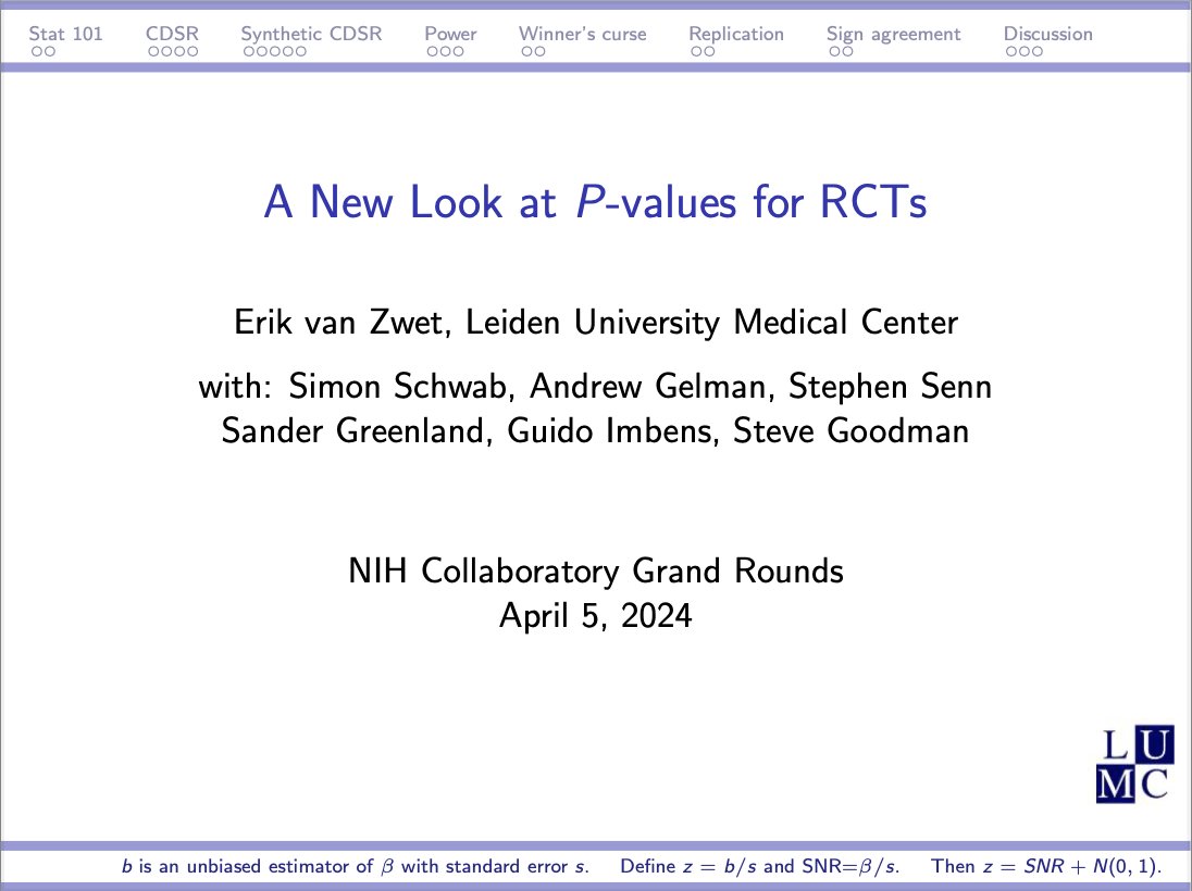 NIH Pragmatic Trials Collaboratory (@collaboratory1) on Twitter photo 📣 Webinar recording and slides now available:
"A New Look at P Values for Randomized Clinical Trials" with <a href="/ErikVanZwet/">Erik van Zwet</a> of <a href="/LUMC_Leiden/">LUMC Leiden</a>
🔗 bit.ly/3Q0owkx #pctGR 📣 Webinar recording and slides now available:
"A New Look at P Values for Randomized Clinical Trials" with <a href="/ErikVanZwet/">Erik van Zwet</a> of <a href="/LUMC_Leiden/">LUMC Leiden</a>
đź”— bit.ly/3Q0owkx #pctGR