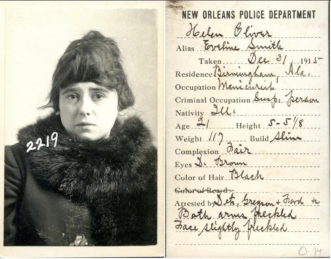 A 1915 Mugshot of Helen Oliver, Manicurist and Suspicious Person.