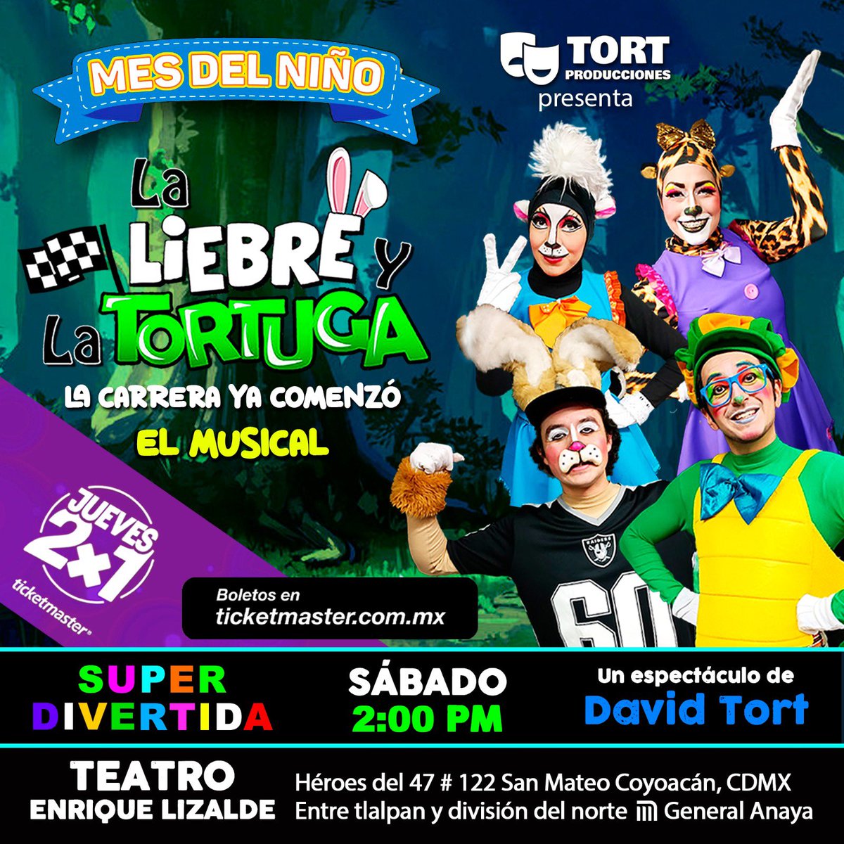 🚥 Adquiere tus boletos hoy con la promoción de 2x1 de Ticketmaster 🐰LA LIEBRE Y LA TORTUGA 📆 Sábado 13 Abril 🕛 2:00 pm 📌Teatro Enrique Lizalde Héroes del 47# 122 San Mateo Coyoacán CDMX 2x1 da click aquí 👇 ticketmaster.com.mx/event/3D006056…