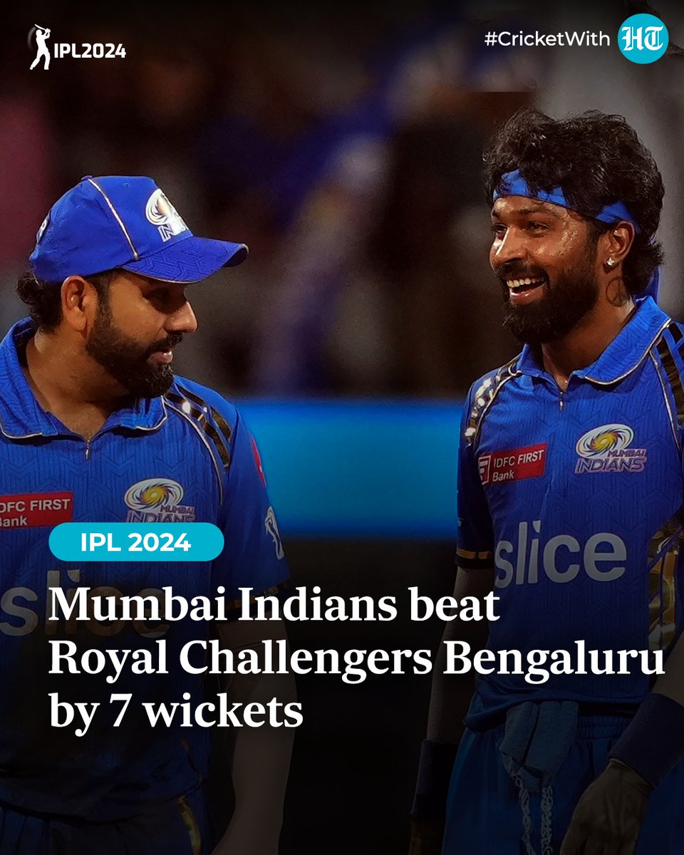 #CricketWithHT | Mumbai Indians beat Royal Challengers Bengaluru by seven wickets in IPL Follow our coverage on hindustantimes.com/cricket/ipl #IPL2024 #MIvsRCB