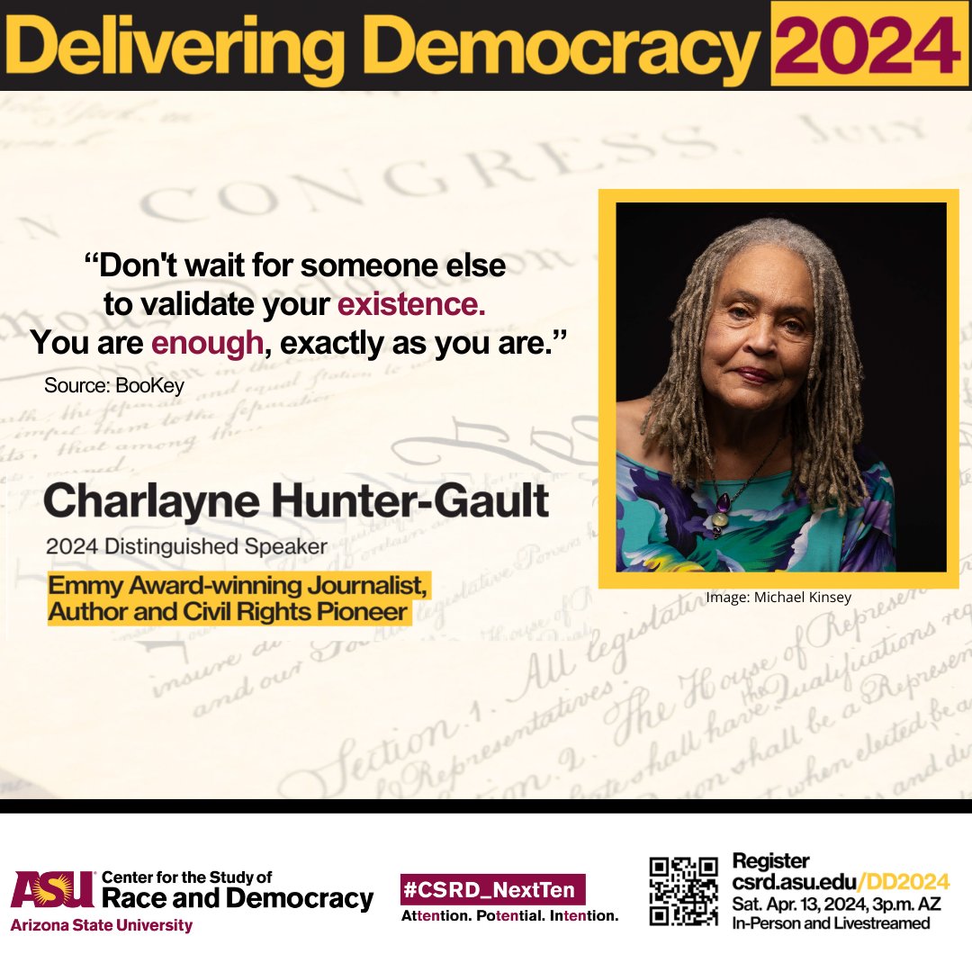 Words of wisdom from Charlayne Hunter-Gault. Let's reflect on her powerful message as we anticipate Delivering Democracy 2024. Join us on April 13th to delve deeper into these vital discussions. Register now at csrd.asu.edu/dd2024 and secure your spot!