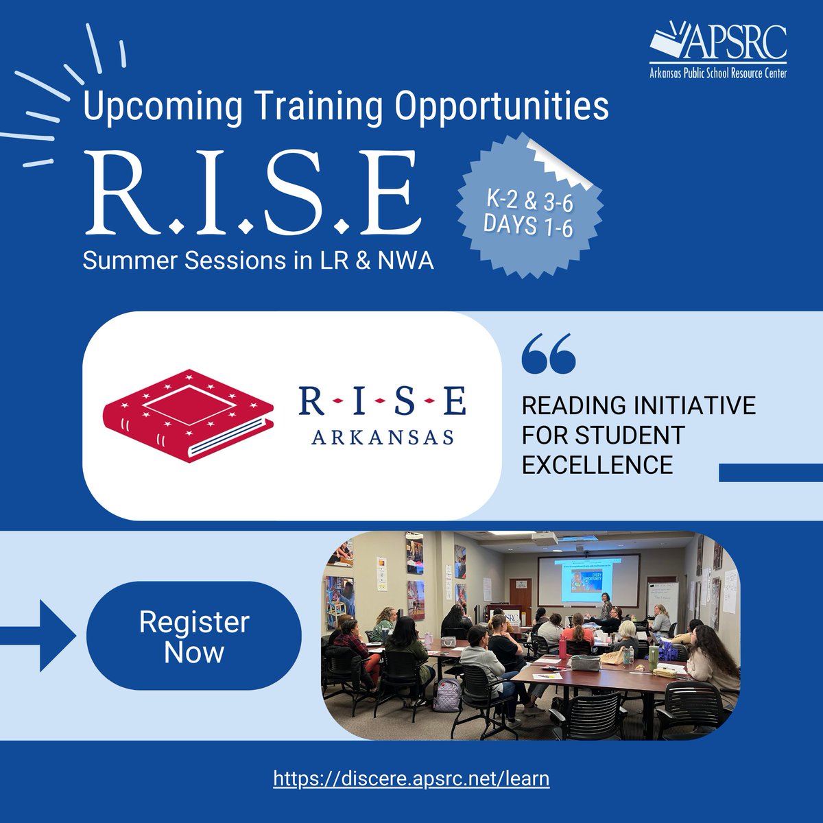 Whether you're attending all 6 days or catching up on missed sessions, APSRC is excited to provide R.I.S.E training at our Little Rock and Springdale locations. Explore your training options at the link below.
🔗 discere.apsrc.net/learn 

#TeachingResources #EmpoweringEducators