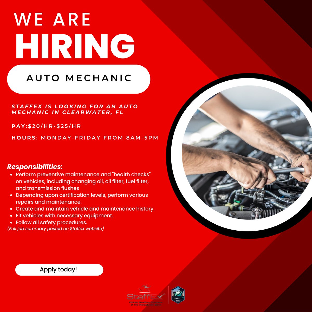 We are Hiring!!! If you’re interested in this position please contact us or apply online today! #automechanic #tampa #jobshiring #staffing #staffingagency #apply #newposition  #hiring #jobs #jobvacancy #tampafl #tampajobs