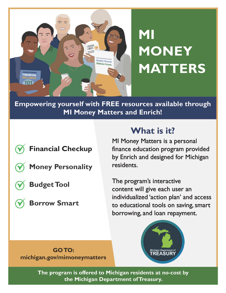 NEW from MI Treasury for #FinancialLiteracyMonth: MI Money Matters, a free financial education program personalized for every Michigander. View more info at bit.ly/3vNKhNs and start your own Action Plan today! #FinancialWellness #MiGov @StateTreasurers #Money #Budget💰💳