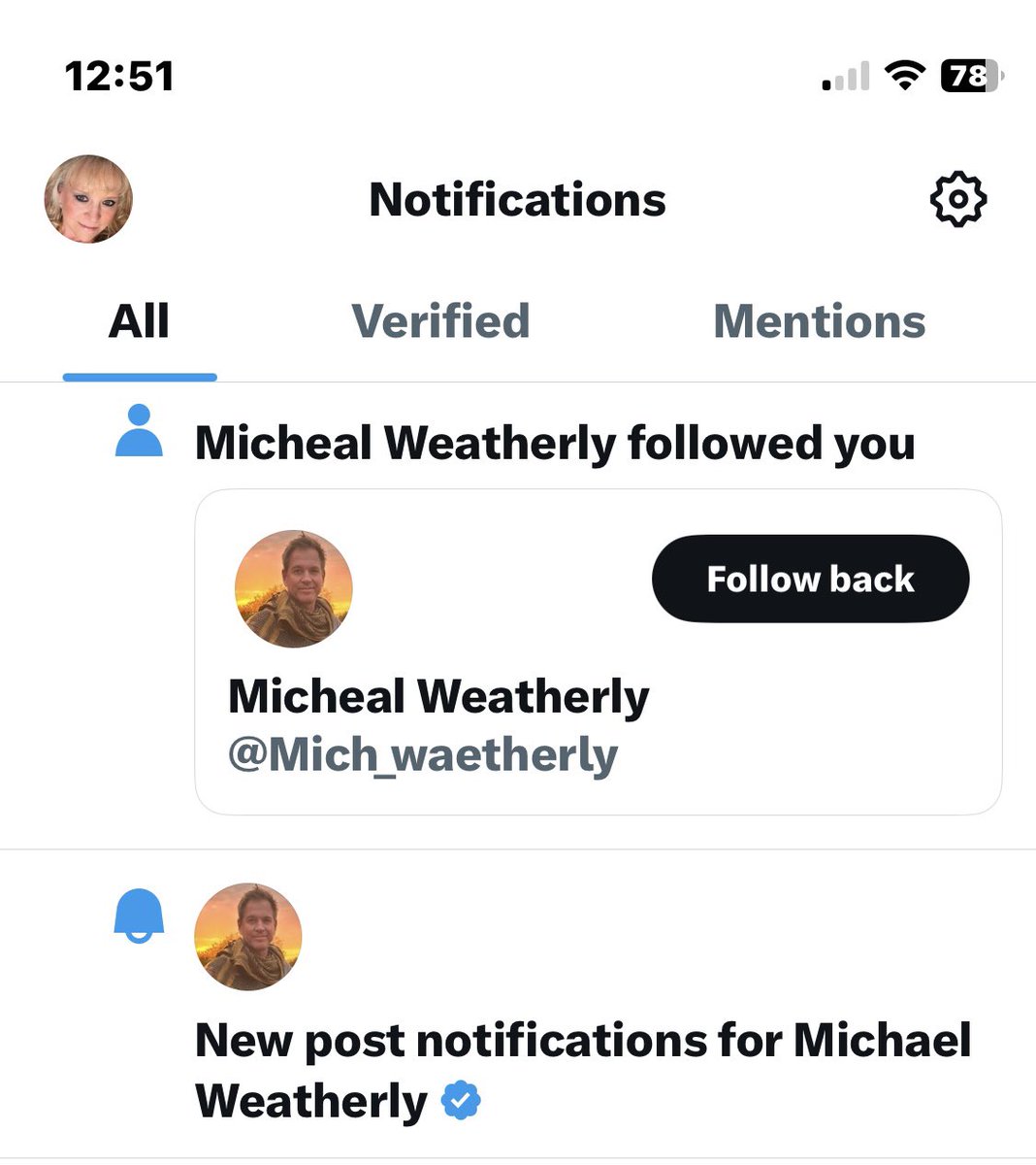 connied319's tweet photo. While I’m flattered @M_Weatherly might follow me … do these impersonators really think we’re this stupid? I mean come on … he knows how to spell his own name people!!! Not to mention the timeline was above legit (blue check) notification! 🤦‍♀️
(Yes, has been reported). https://t.co/K9hQbGbXAb