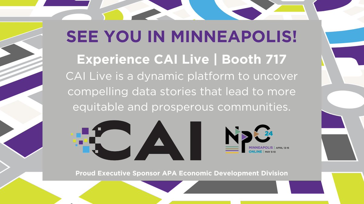 Community Attributes (@communitybutes) on Twitter photo Are you attending <a href="/APA_Planning/">American Planning Association</a> #NPC24? Our team will be at the conference ready to share how CAI can help you access, contextualize, and visualize data through data-driven tools, research and strategies. Booth 717.
See you in Minneapolis! #economicdevelopment #urbanplanning Are you attending <a href="/APA_Planning/">American Planning Association</a> #NPC24? Our team will be at the conference ready to share how CAI can help you access, contextualize, and visualize data through data-driven tools, research and strategies. Booth 717.
See you in Minneapolis! #economicdevelopment #urbanplanning