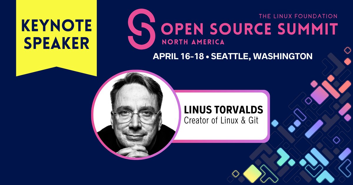 Just 6 days until #LinusTorvalds joins us LIVE on the keynote stage @ #OSSummit, April 16-18 in Seattle! Comment 🙌 if you'll be there too! 🚨 If you haven't registered yet, time is running out. View the Schedule: hubs.la/Q02sBs590. Register Today: hubs.la/Q02sB8TR0.