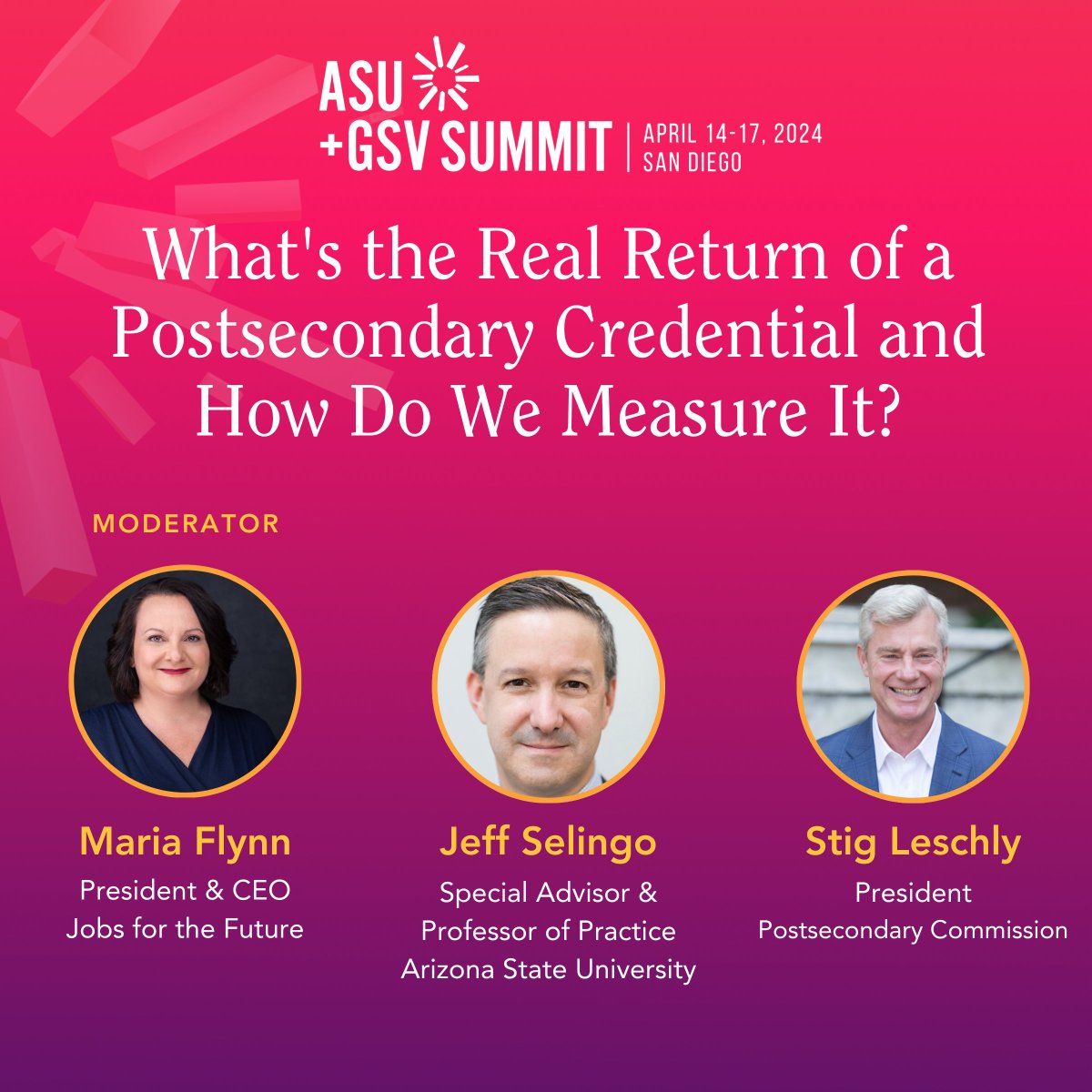 Tuesday, April 16 at 11 am in Cortez Hill C, Level 3, join @MariaKFlynn, @jselingo, and @sleschly to hear different perspectives on measuring and sharing higher education’s economic returns. #asugsvsummit Save this page to stay updated: bit.ly/3VUUC4O
