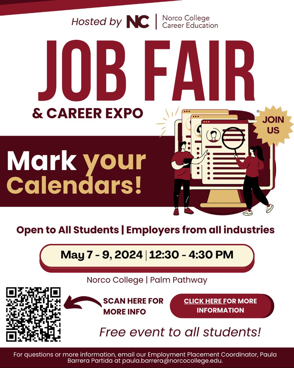 ✨Save the date ✨for the 2024 Spring Job Fair & Career Expo, taking place from May 7 to May 9. Mark your calendars for this exciting opportunity to connect with potential employers and explore career prospects! Visit linktr.ee/norcojobhelp to RSVP!  #JobFair #CareerExpo