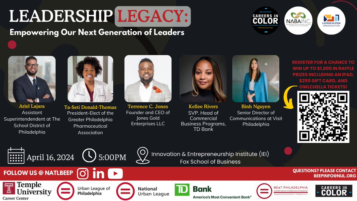 Leadership Legacy: Empowering the Next Generation! Join us for a career networking event featuring industry leaders and learn about career development opportunities. 🗓 Tue, April 16 🕦 5 - 6:30 p.m. Register: bit.ly/4aMNPOJ