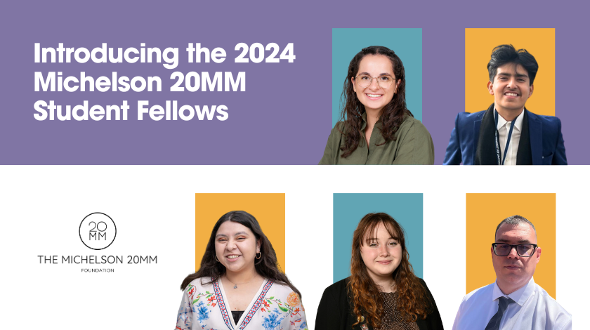 🥁 Introducing the Michelson 20MM Student Fellows! Over the next 10 months, Katie, Cristopher, Francesca, Abba, and Matthew will tackle Smart Justice, Student Basic Needs, Digital Equity, and Textbook Affordability. Learn more: 20mm.org/2024/04/11/wel… #MichelsonStudentFellows