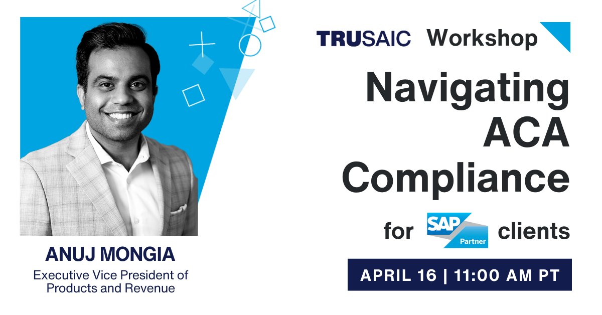 Redefine your #ACA #Compliance strategy in this exclusive workshop tailored to @SAP clients and led by Anuj Mongia, our EVP of Products and Revenue. Register now and join on April 16 at 11 AM PT >>> bit.ly/3vDolof