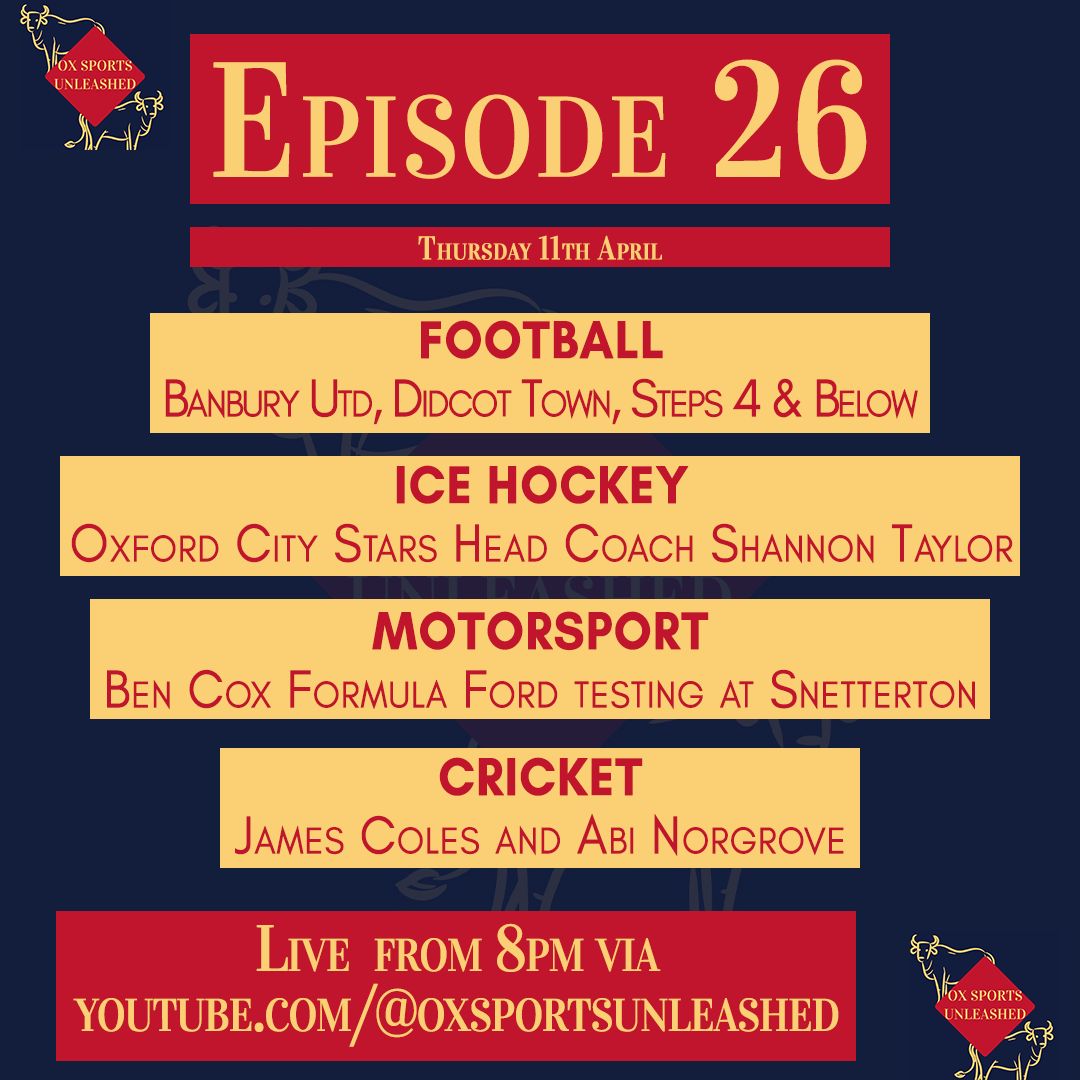 On tonight's OSU: ⚽️ Highlights from @BanburyUnitedFC, @DidcotTownFC, @ardleyunitedfc, @Abutdfc 🏒 @OxfordCityStars Shannon Taylor is in the studio 🏁 @oldfield_msport testing 🏏 Reports on James Coles & Abi Norgrove 📺 Watch from 8 👉 buff.ly/3vQmIng #OSU