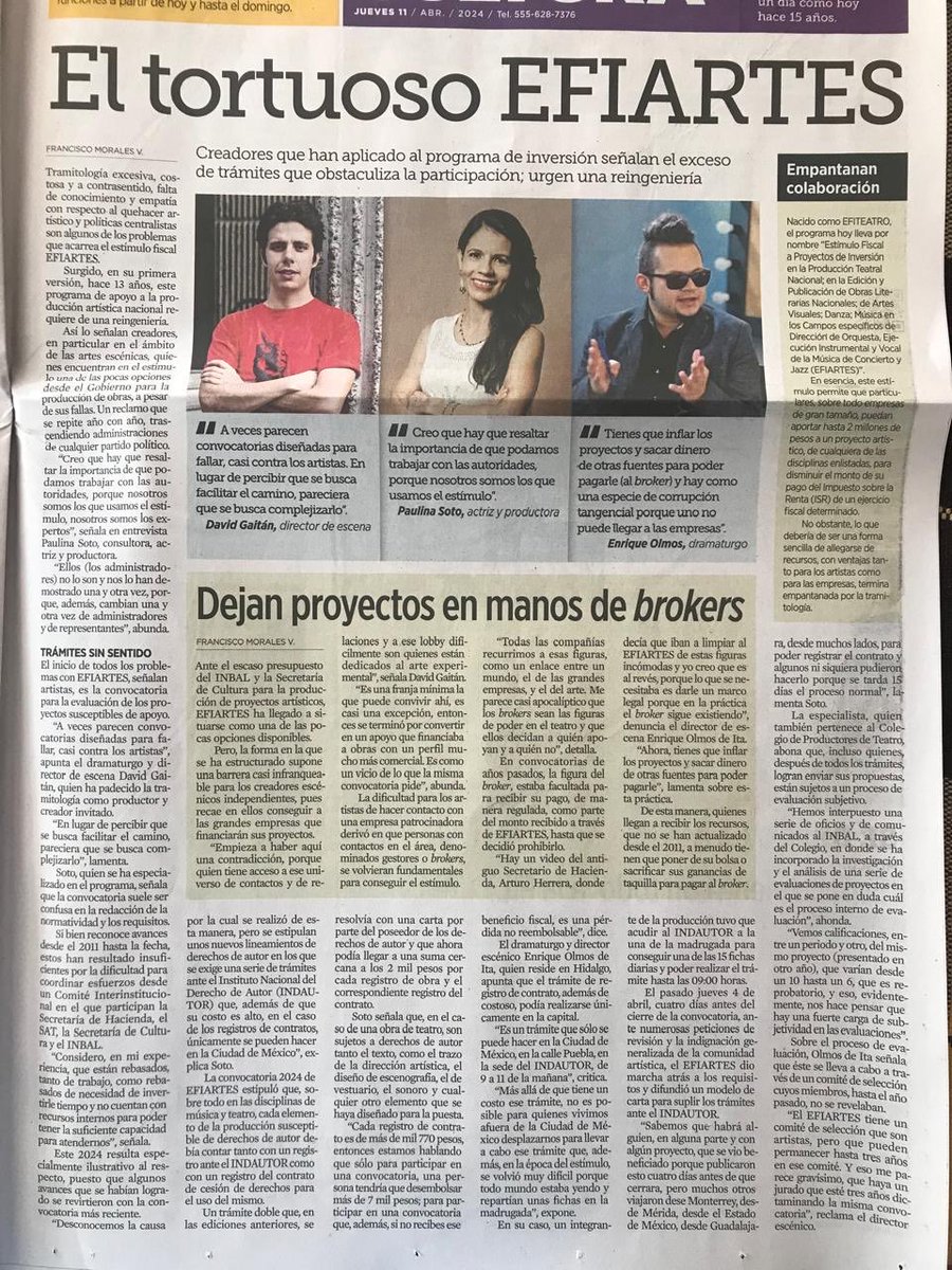 Hoy en el Reforma. 
Del ruego, al patetismo, a la frustración y de vuelta al ruego con EfiArtes.