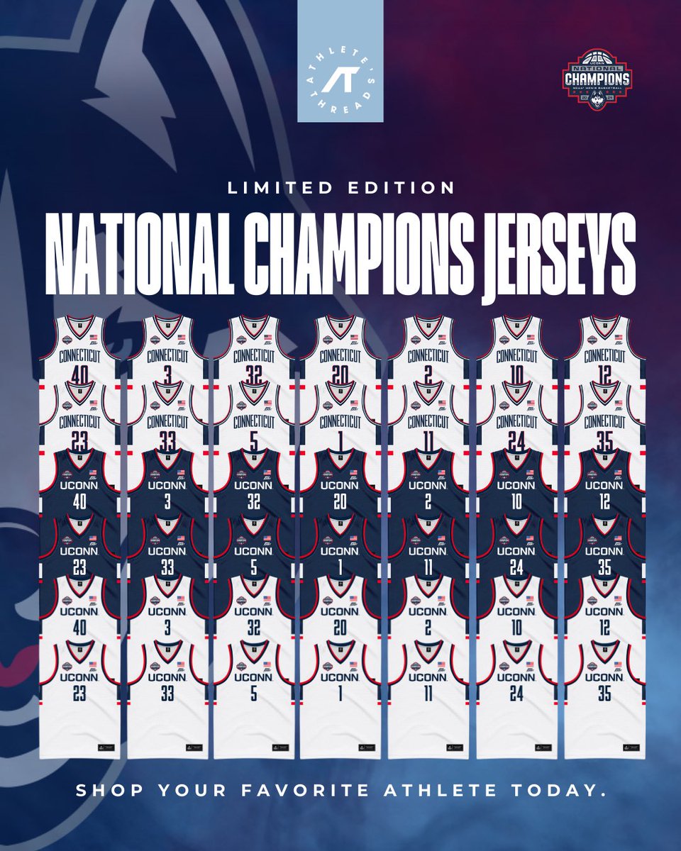 🔥NEW Limited Edition National Champions 2024 Replica Jerseys🏆🏀 Get your collectors jersey with exclusive patch today and support your UConn student athletes 💯💯 @UConnHuskies @UConnMBB @UconnThreads athletesthread.com/collections/uc…