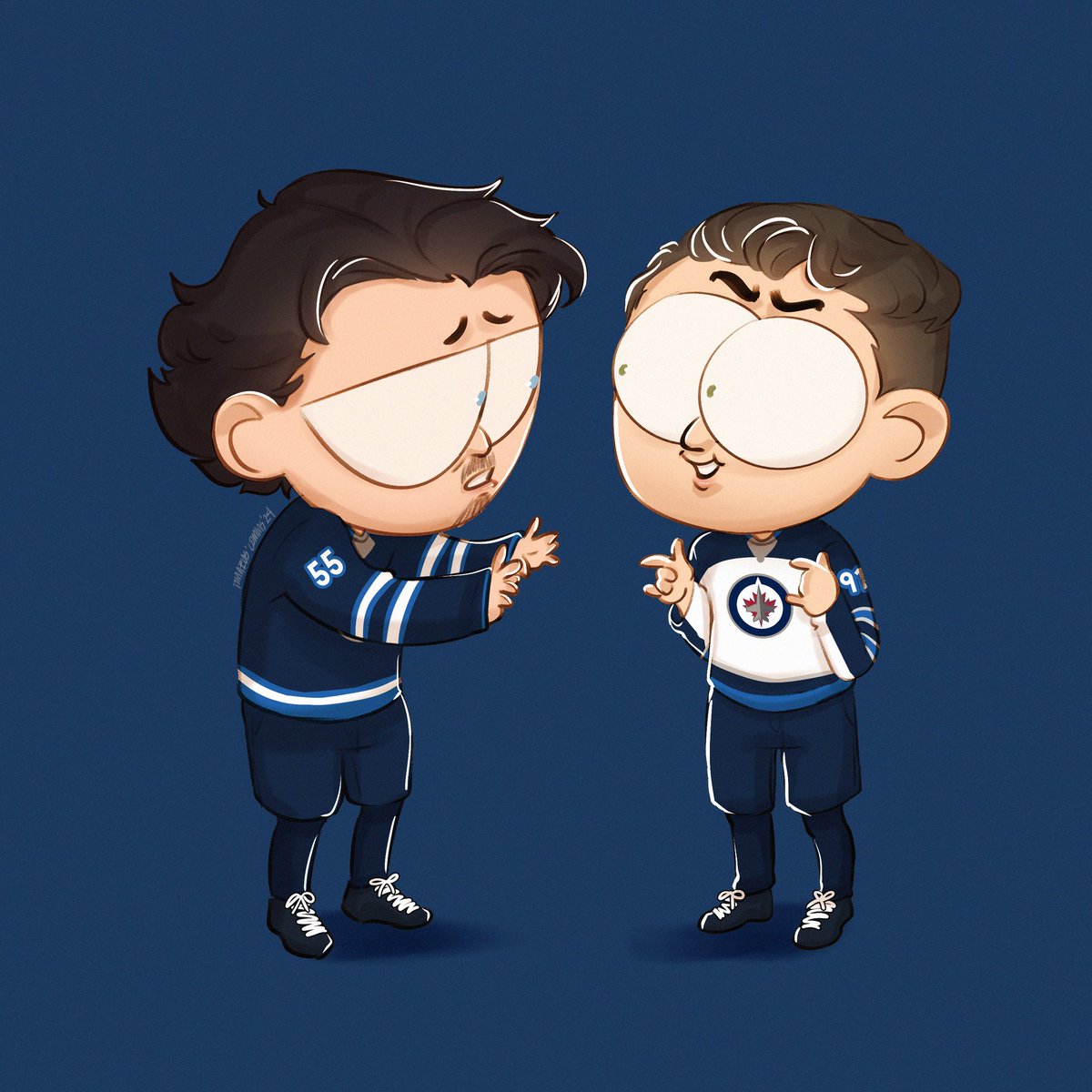 Com art from @artimaaaeus of #markscheifele and #coleperfetti the joke is Mark NEVER swears and Cole swore on a live interview last week (by accident) so Mark is trying to teach Cole to not swear. Love this much so adorable #Winnipegjets #gojetsgo #fuledbypassion