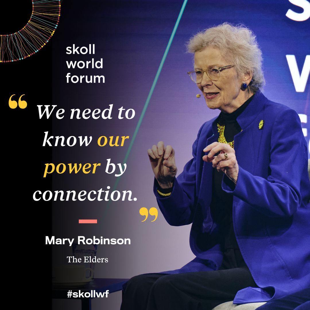 .<a href="/TheElders/">The Elders</a> Chair and former President of Ireland Mary Robinson joined the #SkollWF Opening Plenary to remind us of the connective threads keeping us together and the collective power we hold to change the world.