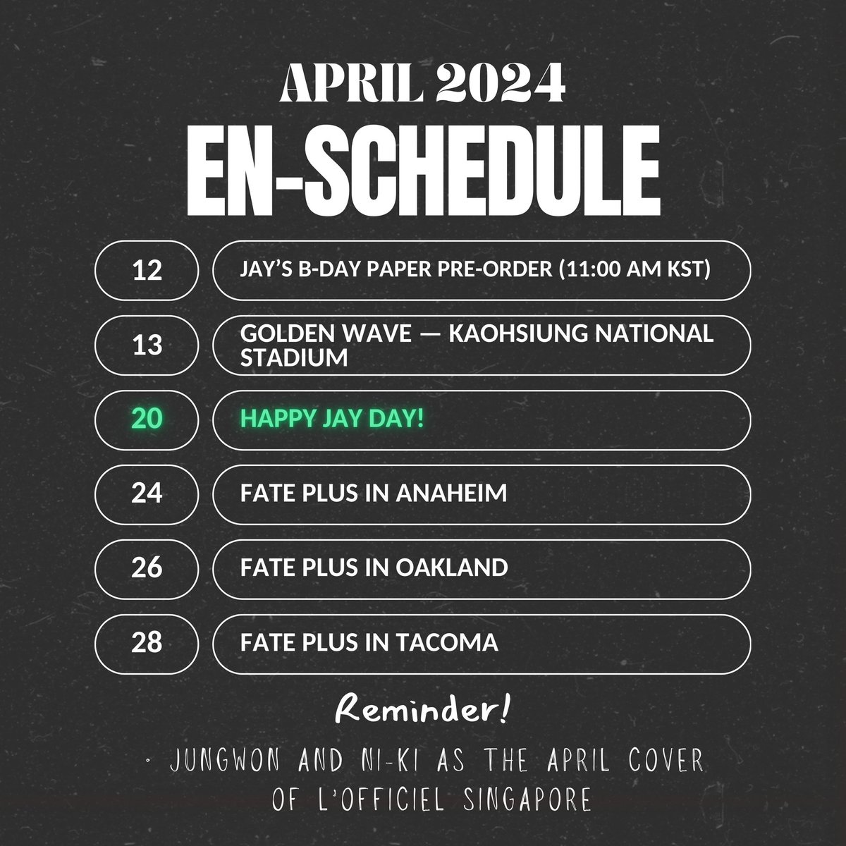 [EN-SCHEDULE] Today’s schedule — 240412🌟 📌 Jay’s ‘B-DAY PAPER’ pre-order - 11:00 AM KST 📌 EN-O’CLOCK BEHIND PHOTO EP.90 - 4:00 PM KST #ENHYPEN #엔하이픈 @ENHYPEN_members @ENHYPEN