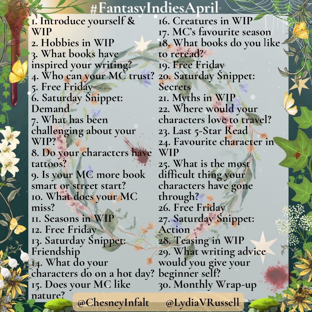 #FantasyIndiesApril Day 11: Seasons in WIP A Castle of Broken Memories takes place in the spring, but seeing as how the majority of the book occurs inside an enchanted castle whose rooms have their own magically simulated weather system and sunshine, it’s not a huge factor. 😜