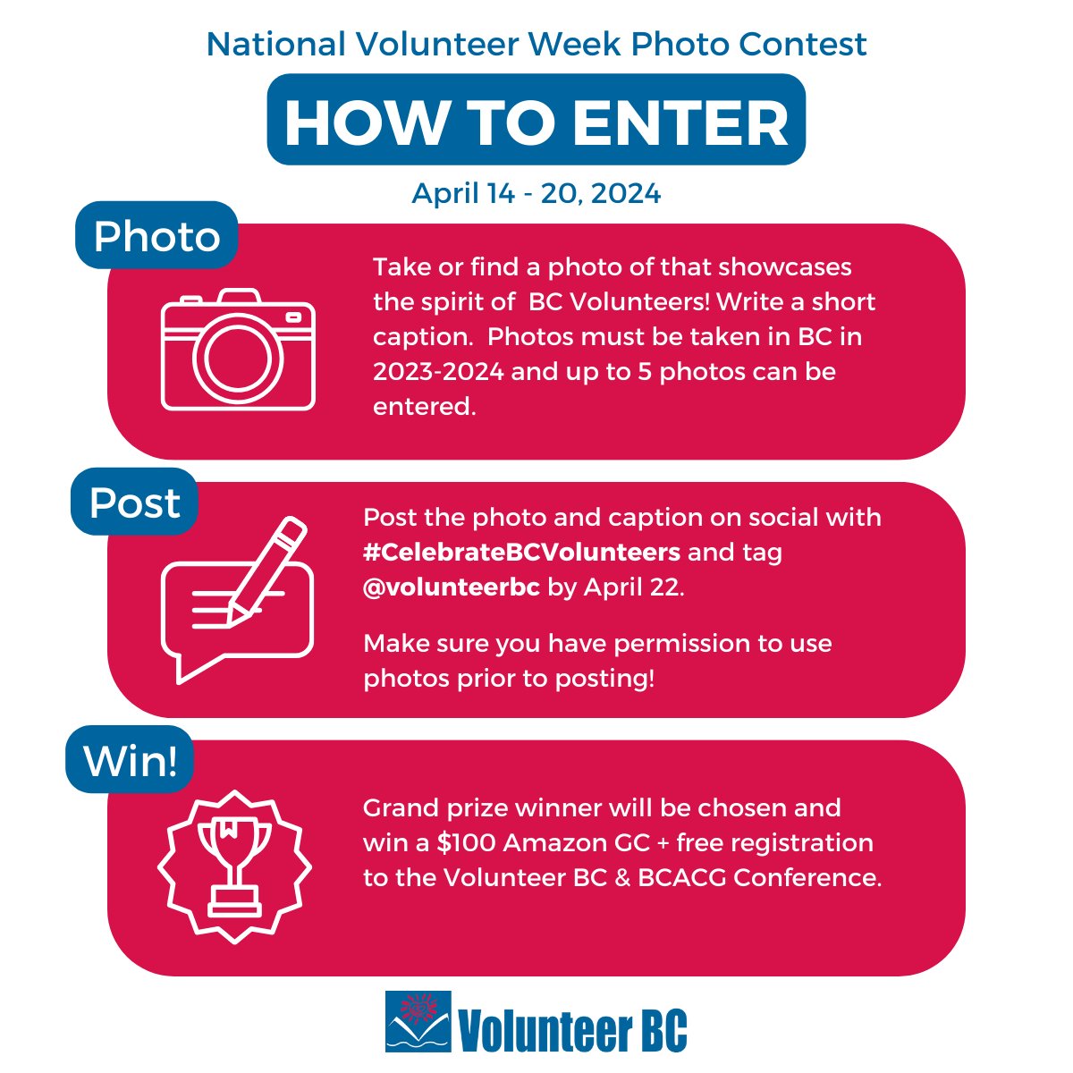 Tomorrow is the start of #NationalVolunteerWeek! We’re ready to show our love and #CelebrateBCVolunteers, are you? Get your photos ready!