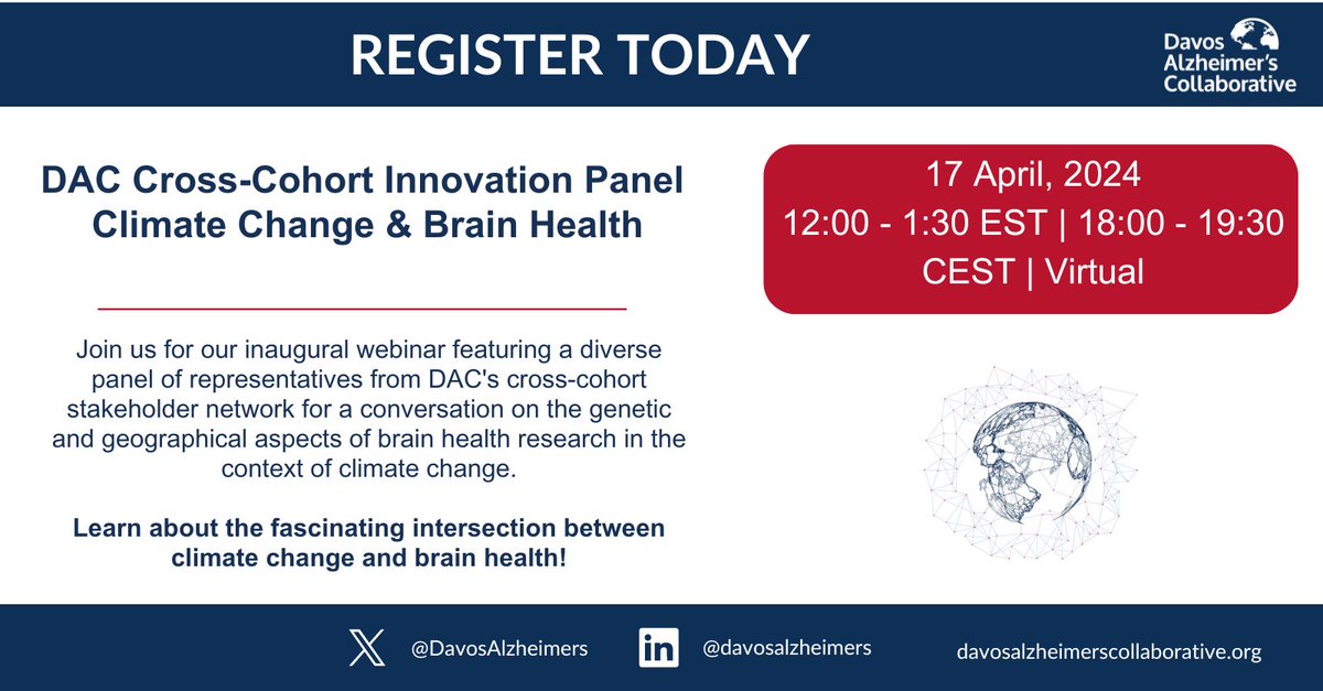 Join us for our first webinar with a diverse panel from DAC's cohort network! Explore the link between climate change and brain health research, pertaining to dementia and Alzheimer's. Don't miss this insightful discussion and register here: counciladvisors.zoom.us/webinar/regist…