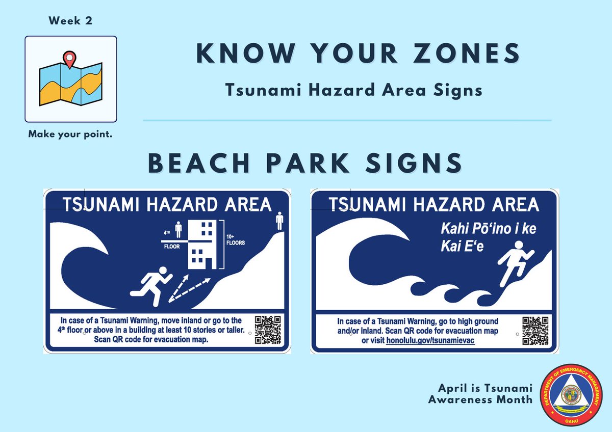 Tsunami Hazard Area signs are also placed in parks that are in the tsunami hazard area to provide evacuation information for park users. Scan the QR code to access the evacuation map or visit honolulu.gov/tsunamievac.