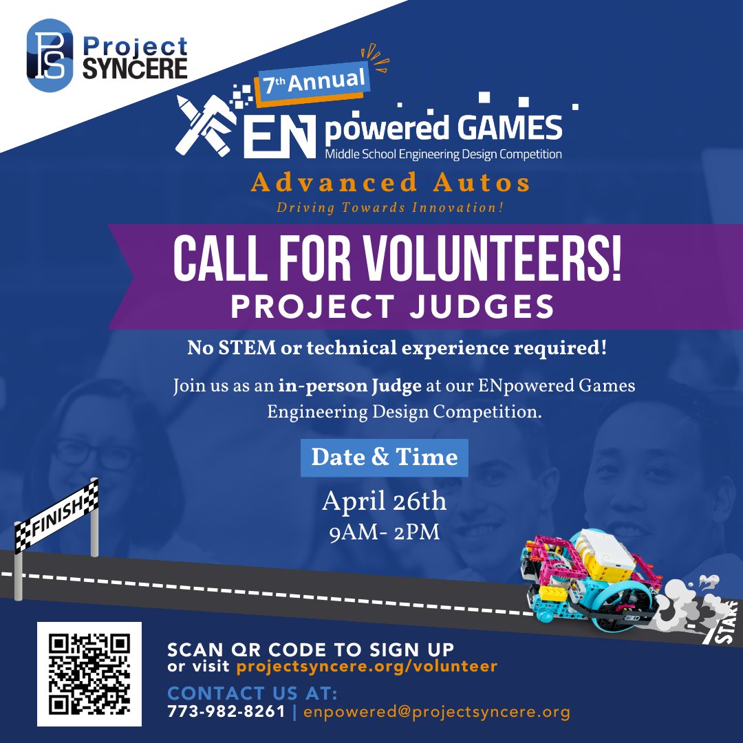 🚨 CALL FOR VOLUNTEERS 🚨 

Join us for Project SYNCERE's 7th Annual ENpowered Games! No STEM background needed, just your enthusiasm! 

Sign up now: projectsyncere.org/volunteer/ 

#VolunteerOpportunity #ProjectSYNCERE #Chicago #Nonprofit #Engineering #ENpoweredGames #STEM #EPG24