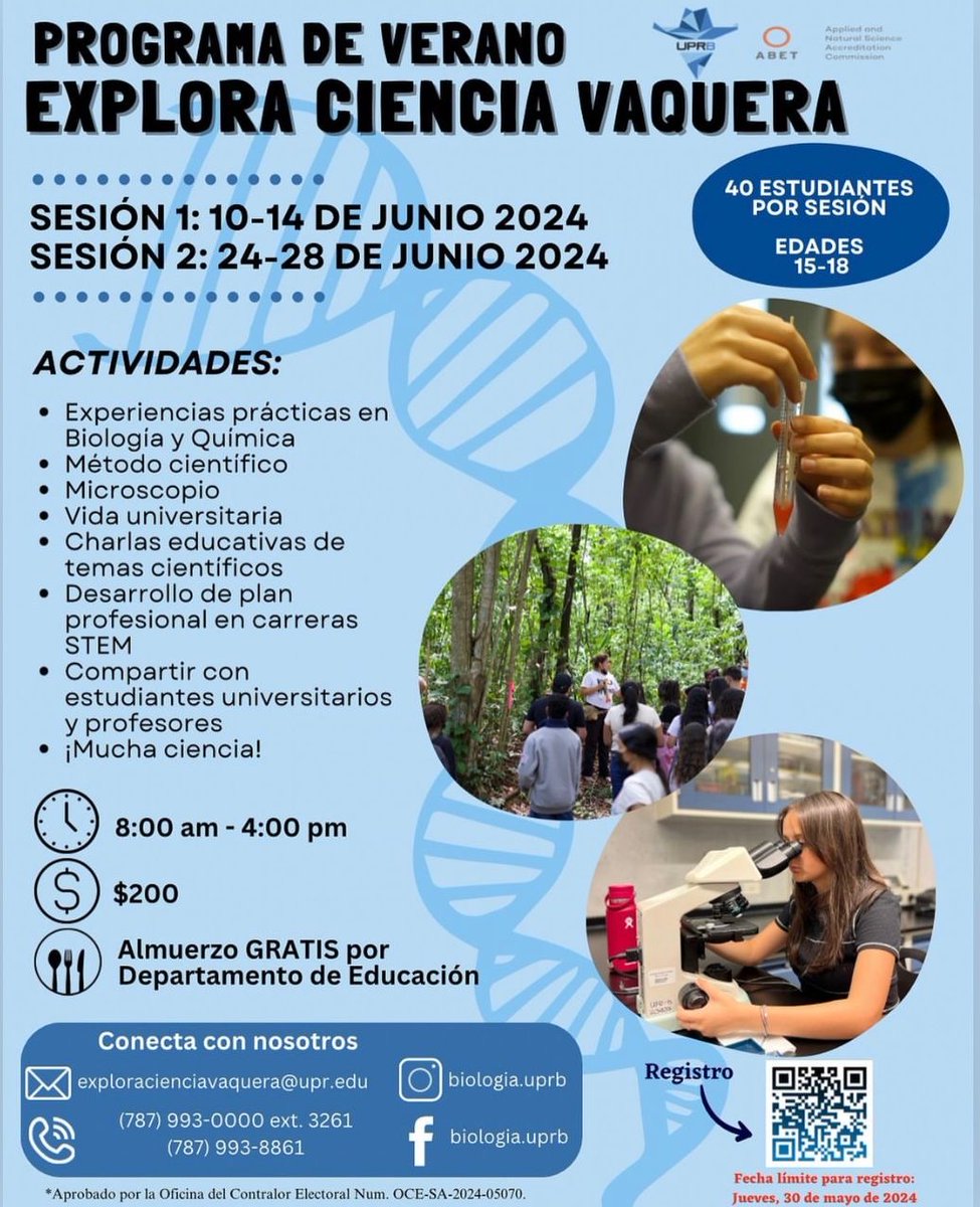 El Departamento de Biología de la UPR en Bayamón organizará el Programa de verano EXPLORA CIENCIA VAQUERA en junio para estudiantes de escuela superior de 15 a 18 años. Escanea el código para reservar tu espacio. #uprb #siguelaseñalvaquera #fuerzavaqueraenacción