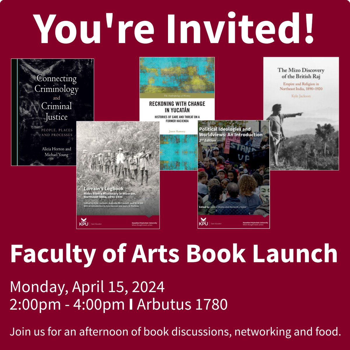 Join us for an afternoon of book presentations, discussion, networking and food. 📅 Monday, April 15, 2024 ⏰ 2:00pm – 4:00pm 🏛️ Surrey Campus, Arbutus 1780 No registration is required. For more information, please visit: kpu.ca/events/faculty… We hope to see you there!