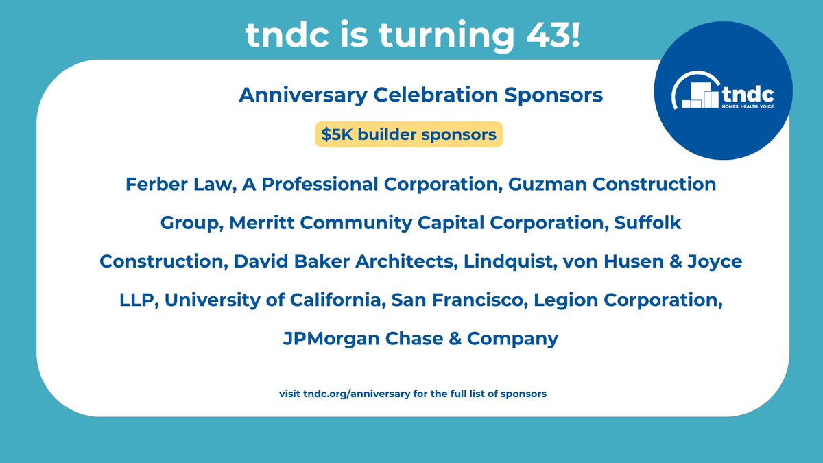 We're turning 43! A special thank you to our Anniversary Celebration Sponsors. The big day is May 15. Come celebrate 43 years of affordable housing with TNDC. Explore sponsorships and tickets here tndc.org/get-involved/e… #housingforall #affordablehousing