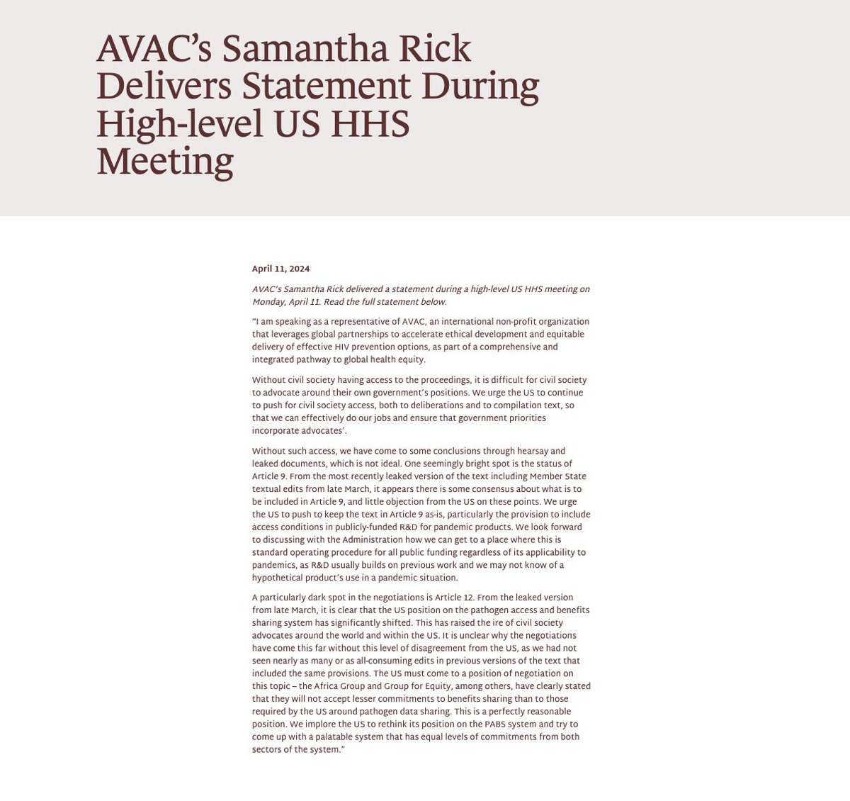 Today, AVAC staffer @hellosamrick delivered a statement during a high-level US HHS meeting. 'Without civil society having access to the proceedings, it is difficult for civil society to advocate around their own government’s positions.' Full statement 📢 avac.org/blog/avacs-sam…