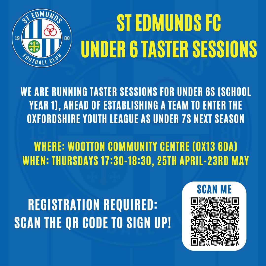 We are running Taster Sessions for Under 6s ahead of next season. If you are interested please sign up using the QR Code Below! 💙🤍