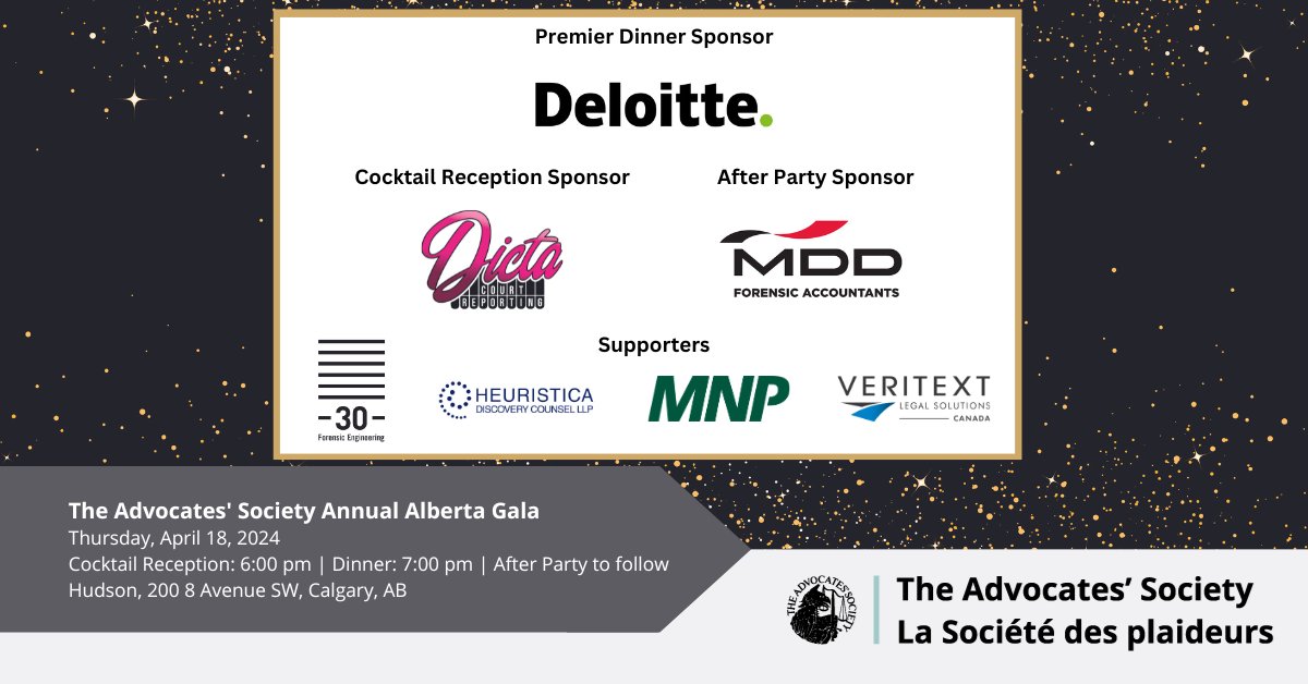 Get ready to celebrate excellence in advocacy - Alberta style! We are 1 week away from The Advocates' Society Annual Alberta Gala! Thanks to #ABGala24 sponsors @Deloitte, Dicta Court Reporting Inc., MDD Forensic Accountants, @30Forensics, @HeuristicaDC, @MNP_LLP & @VeritextCanada