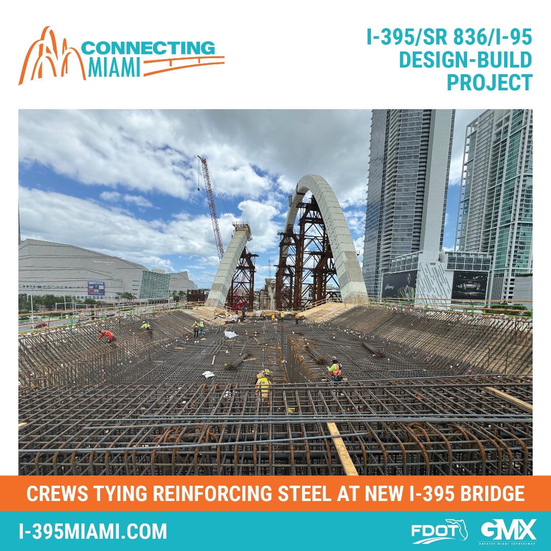 Crews tying reinforcing steel for a cast-in-place bridge span linking the I-395 signature bridge to segmental bridges that will connect to I-95 and SR 836. To sign up for project alerts, please go to I-395miami.com