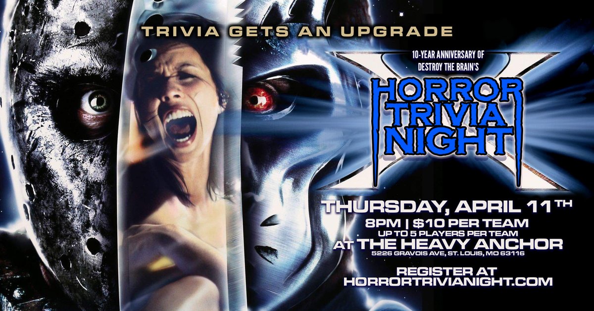 Thursday at 8pm - @dtbhorror Presents Horror Trivia Night 5 ROUNDS OF GRUELING TERROR! $10 per team Registration is open at HorrorTriviaNight.com Limited tickets available at the door Bar opens at 5pm / Doors at 7pm / Show at 8pm Sponsored by @4HandsBrewingCo