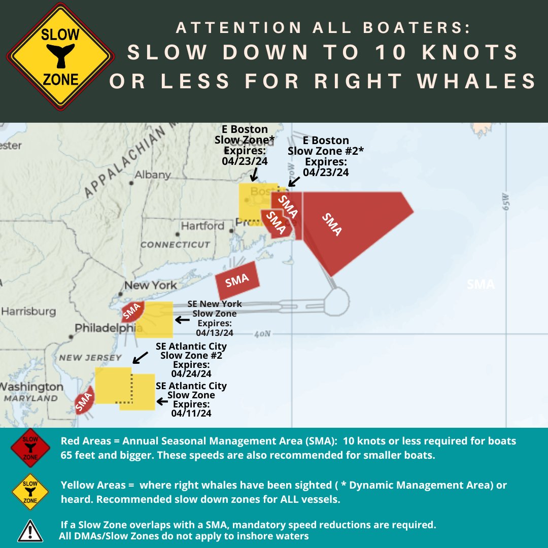 Reminder there are five #RightWhale #SlowZones in effect. Mariners are requested to avoid or transit at 10 kts or less. See map for locations of all Slow Zones. Sign up for alerts here: bit.ly/49AVAXG