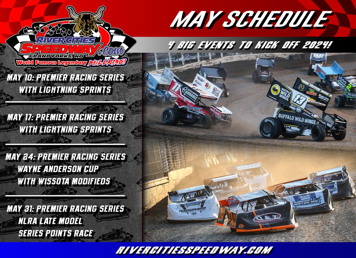 🚨 ONE MONTH ALERT 🚨 The 2024 season is now less than one month away! We'll kick things off with an action-packed month of May! Racing divisions to suit any race fan: Sprint Cars ✅ Late Models ✅ A-Mods ✅ Street Stocks ✅ Midwest Mods ✅ Lightning Sprints ✅