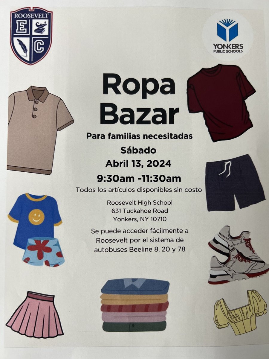 Roosevelt, high school's second clothing giveaway. Stop by saturday if you are in need.Sponsored by Roosevelts A-Team and Eco/ Government students. Capstone projects in action. ⁦@YonkersSchools⁩ ⁦@RcollinsJudon⁩