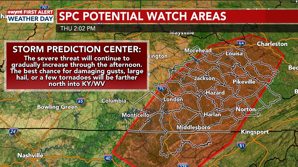 FIRST ALERT: The Storm Prediction Center says a watch is likely (80%) as the severe threat increases this afternoon. Stay weather aware: wymt.com/weather/?utm_s…