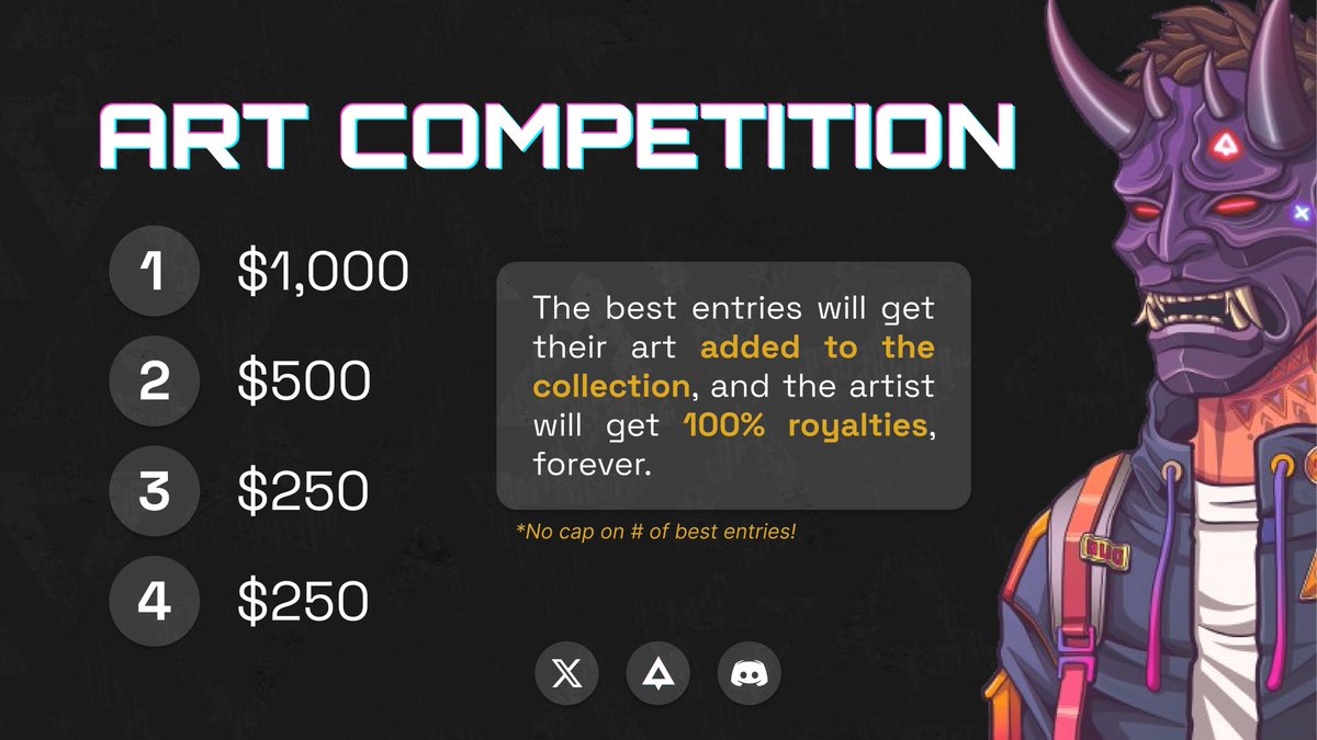 $2,000 Art Competition 🎨 Win cash, free NFTs, and 100% royalties forever if your submission gets selected! Read on for how to enter: 👇🧵