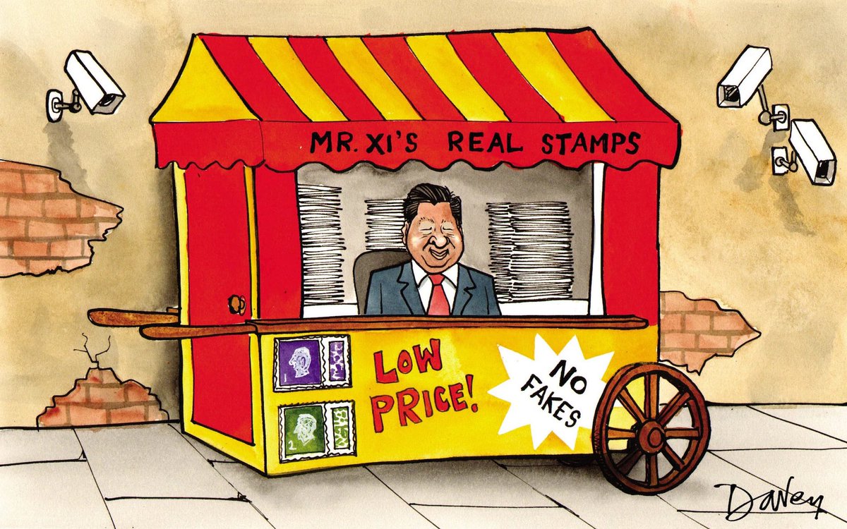 Andy Davey on #counterfeitstamps #China #XiJinping – political cartoon gallery in London original-political-cartoon.com
