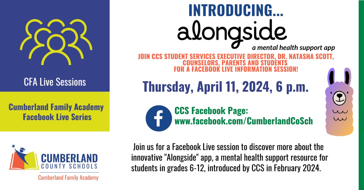 Tune in for our LIVE session on the Alongside mental health support app for students in grades 6-12. 📱 Learn how the Alongside app can support your child's mental health and be part of the conversation. 🗓️ LIVE TODAY, April 11 at 6 p.m. 📍 Where? facebook.com/CumberlandCoSch