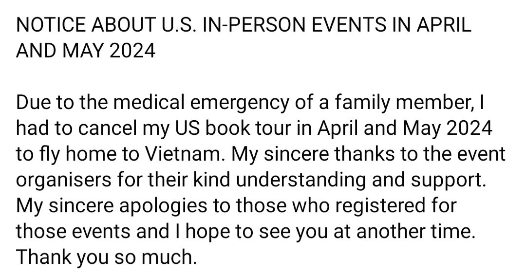 Heart-broken I had to cancel my U.S. book tour events with @UnboundBookFest @latimesfob @mainstreetbooks @warwicksbooks to fly home in Vietnam. Thank you so much for your support and understanding.