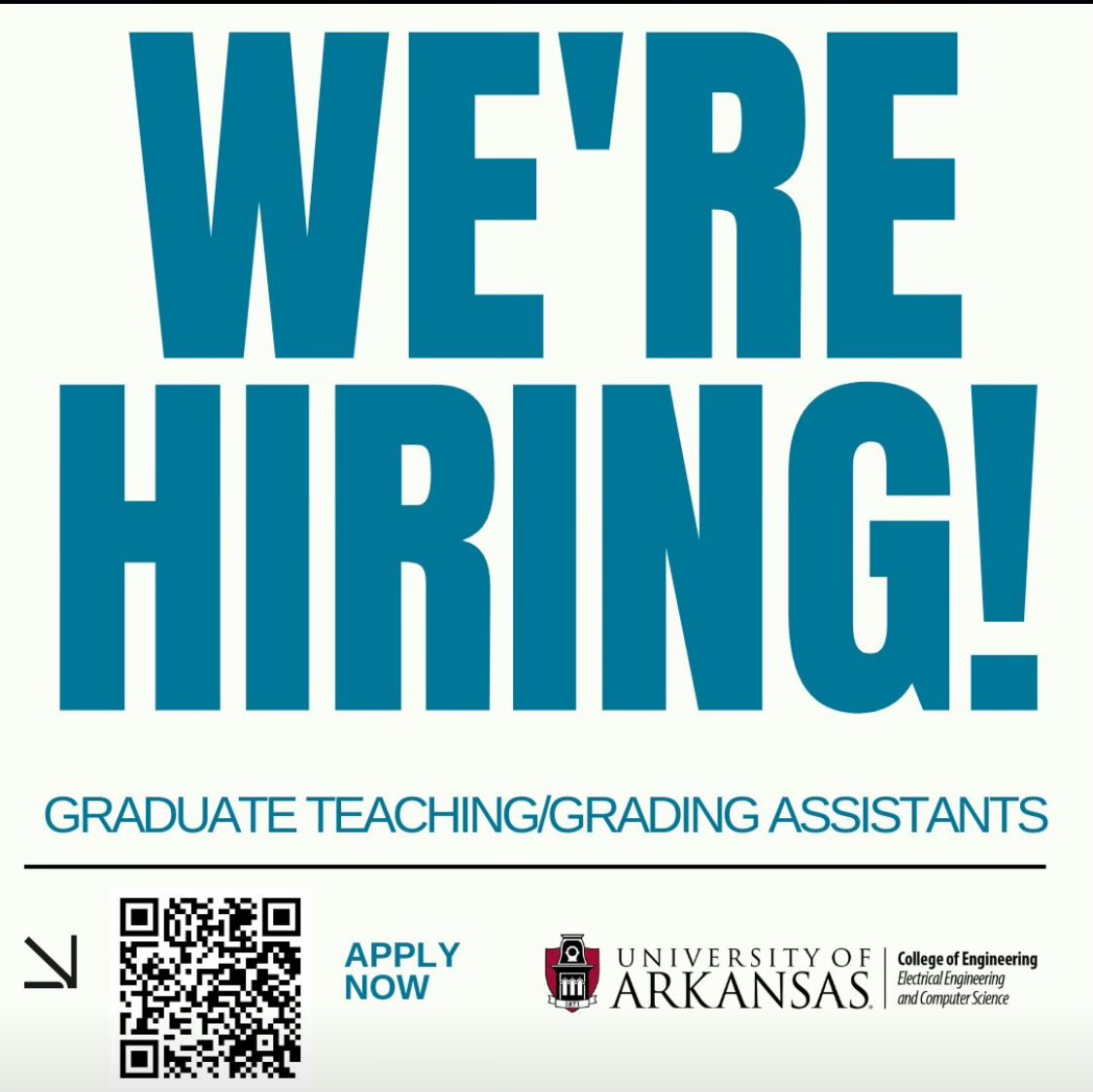 The call for Graduate Teaching & Grading Assistantships is now open! If you’re interested in working for the Department of Electrical Engineering and Computer Science, as a Teaching or Grading Assistant, please submit your Qualtrics application by scanning the QR code